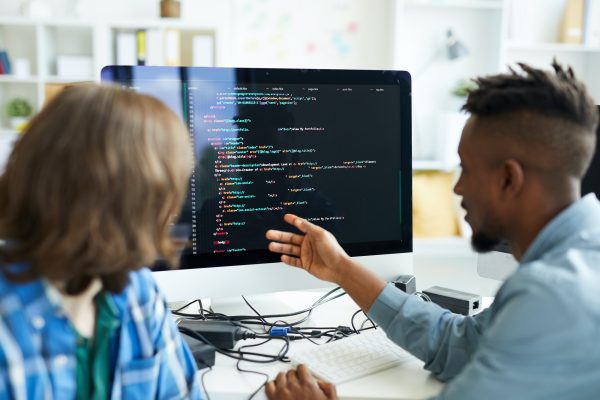 Busy colleagues analyzing computer code